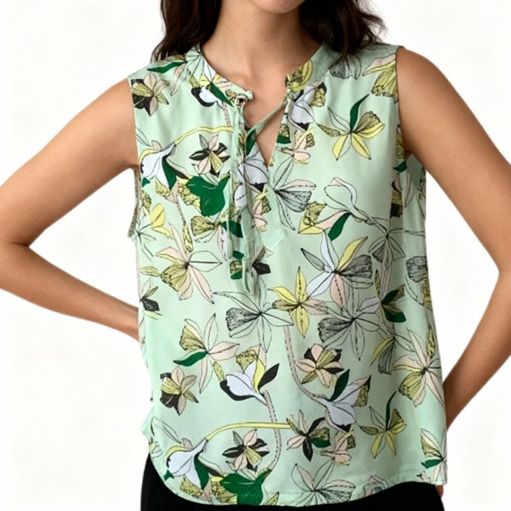 Liz Claiborne Womans Sleeveless Seagreen Floral Blouse 1X Lightweight Polyester